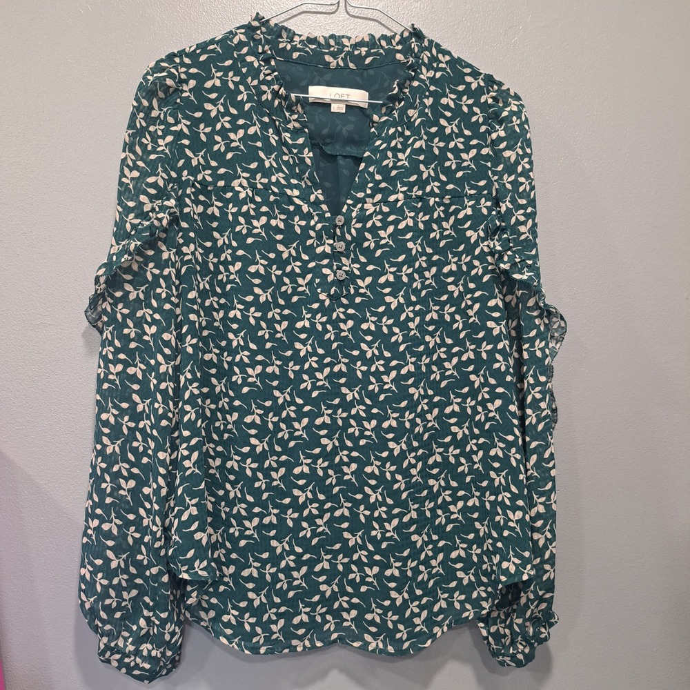 LOFT Small Teal Green Leaf Print Ruffle Chiffon Blouse Long Sleeve Top